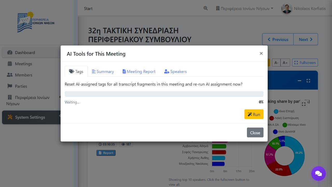 AI Tools for This Meeting dialog with Tags, Summary, Meeting Report, and Speakers tabs